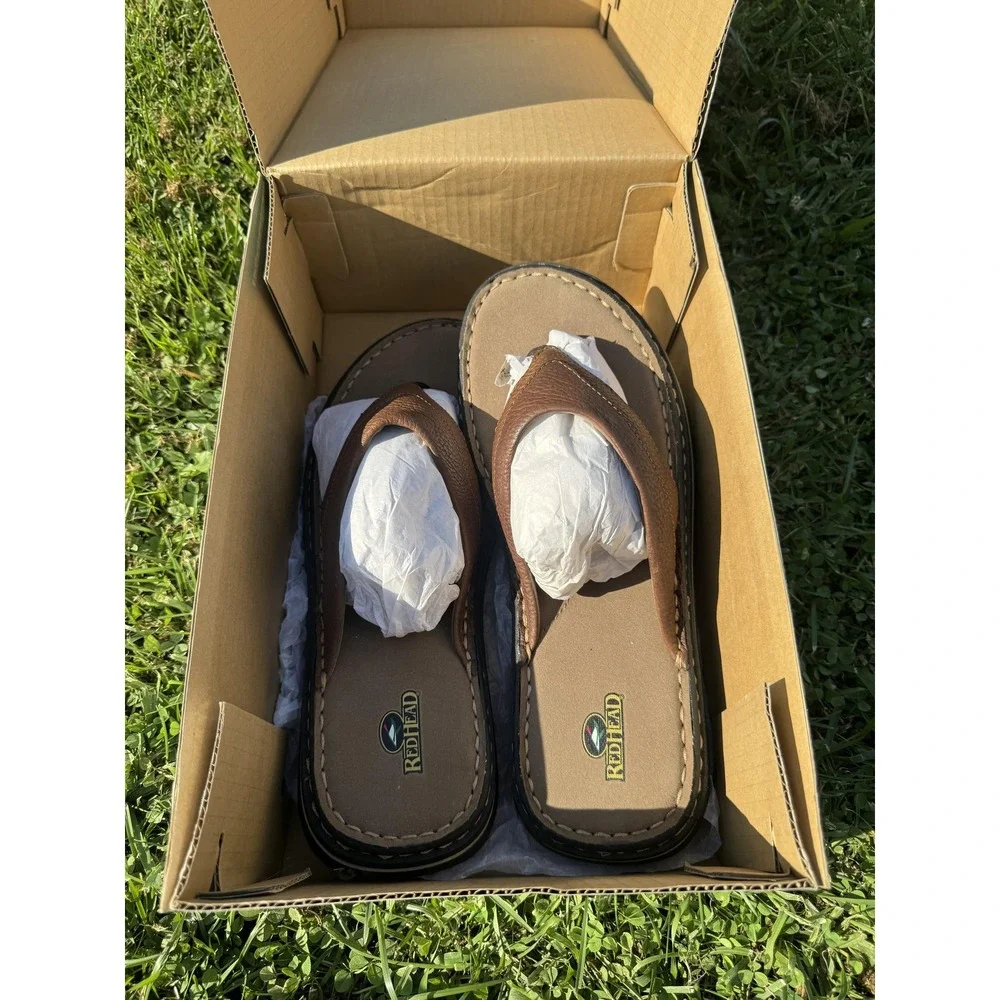 RedHead Sandals Mens Size 13 Brown Leather Thong Flip Flop Cushioned Casual